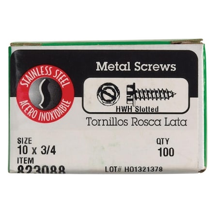 Hillman Sheet Metal Screw, #10 x 3/4 in, Stainless Steel Flange Hex Head Hex Drive, 100 PK 76519
